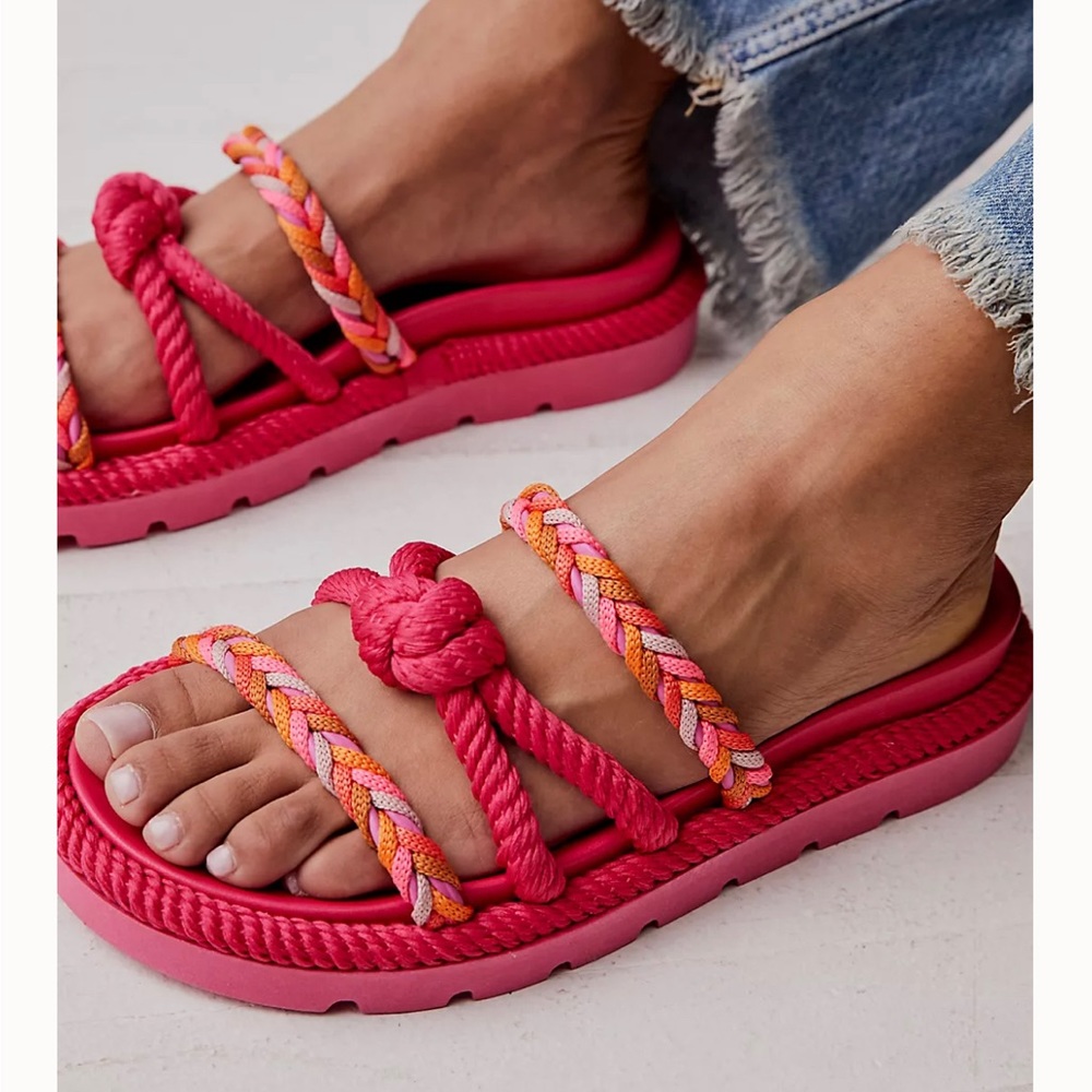 Free People Pink & Orange Braided Rope Platform Sandals